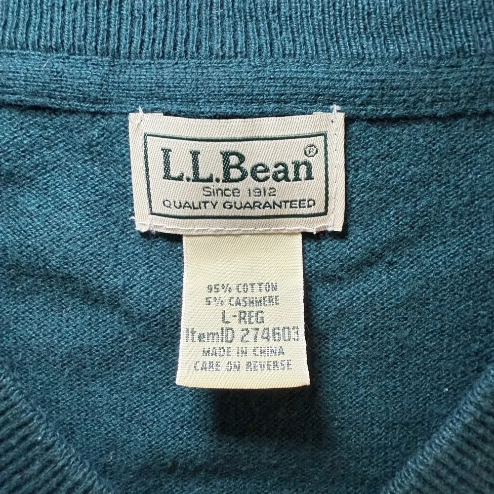 VTG LL Bean Men's‎ Large Dark Green Cashmere Cotton Pullover V-Neck knit Sweater